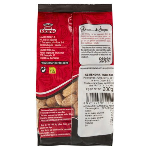 Almendra largueta tostada con sal. Envase de 200gr.