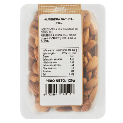 Almendra natural piel. Envase 120gr.