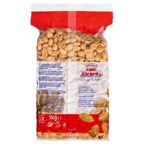 Cacahuetes fritos repelados con sal. Envase 1kg.