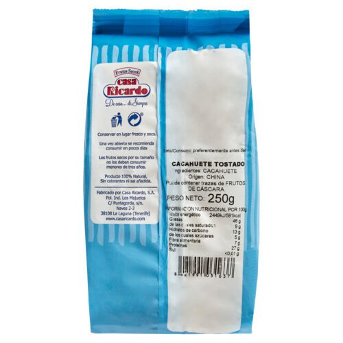 Cacahuete tostado sin sal. Envase 250gr.